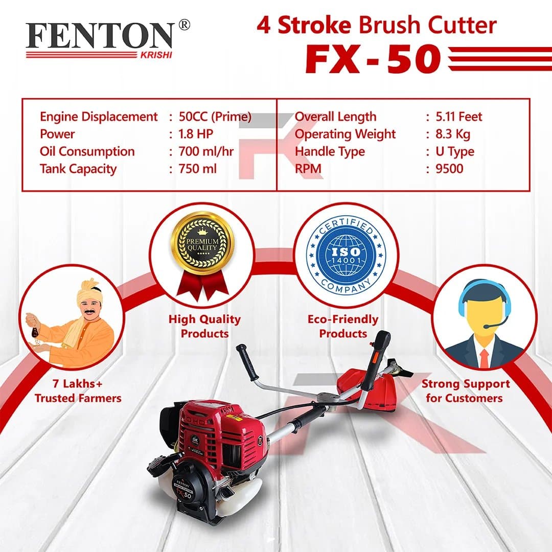फेंटन कृषि 50CC प्राइम 1.8HP SP 4 स्ट्रोक प्राइम ब्रश कटर 80T | 3T | चेन सॉ अटैचमेंट के साथ टैप एन गो फ्यूल ग्रास ट्रिमर