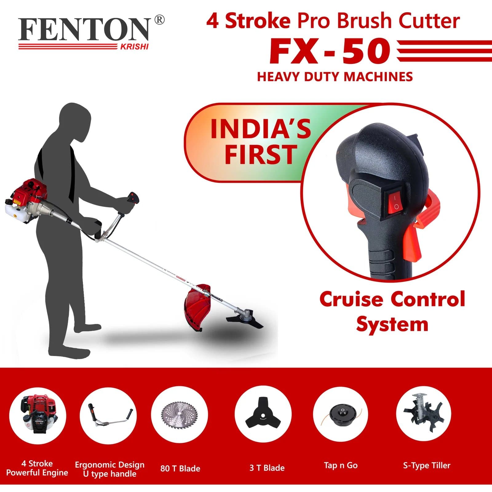 फेंटन कृषि 50CC प्रो 2.5HP SP 4 स्ट्रोक प्रो ब्रश कटर 80T | 3T | टैप एन गो विद टिलर फ्यूल ग्रास ट्रिमर