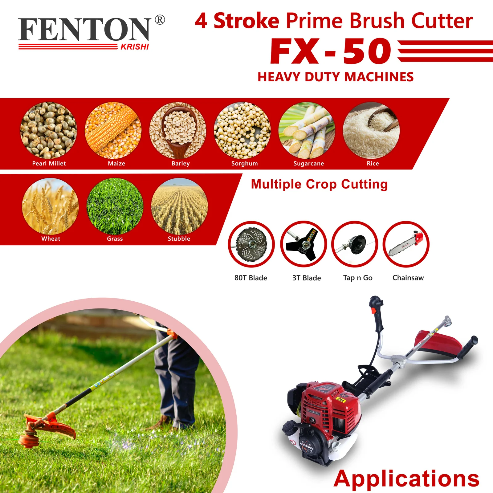 Fenton Krishi 50CC Prime 1.8HP SP 4 Stroke Prime Brush Cutter 80T | 3T | Tap n Go With Chainsaw Attachment Fuel Grass Trimmer – thumb