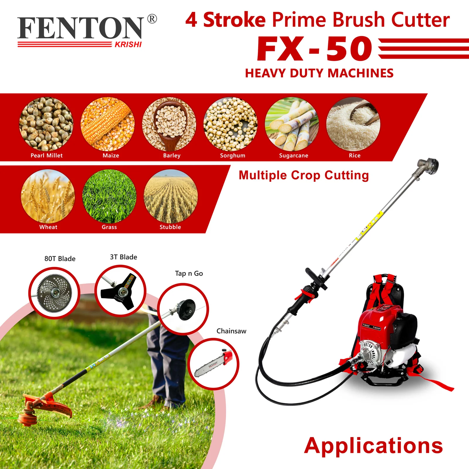 Fenton Krishi 50CC Prime Brush Cutter – 4-Stroke Grass & Chainsaw Multi-Tool – thumb