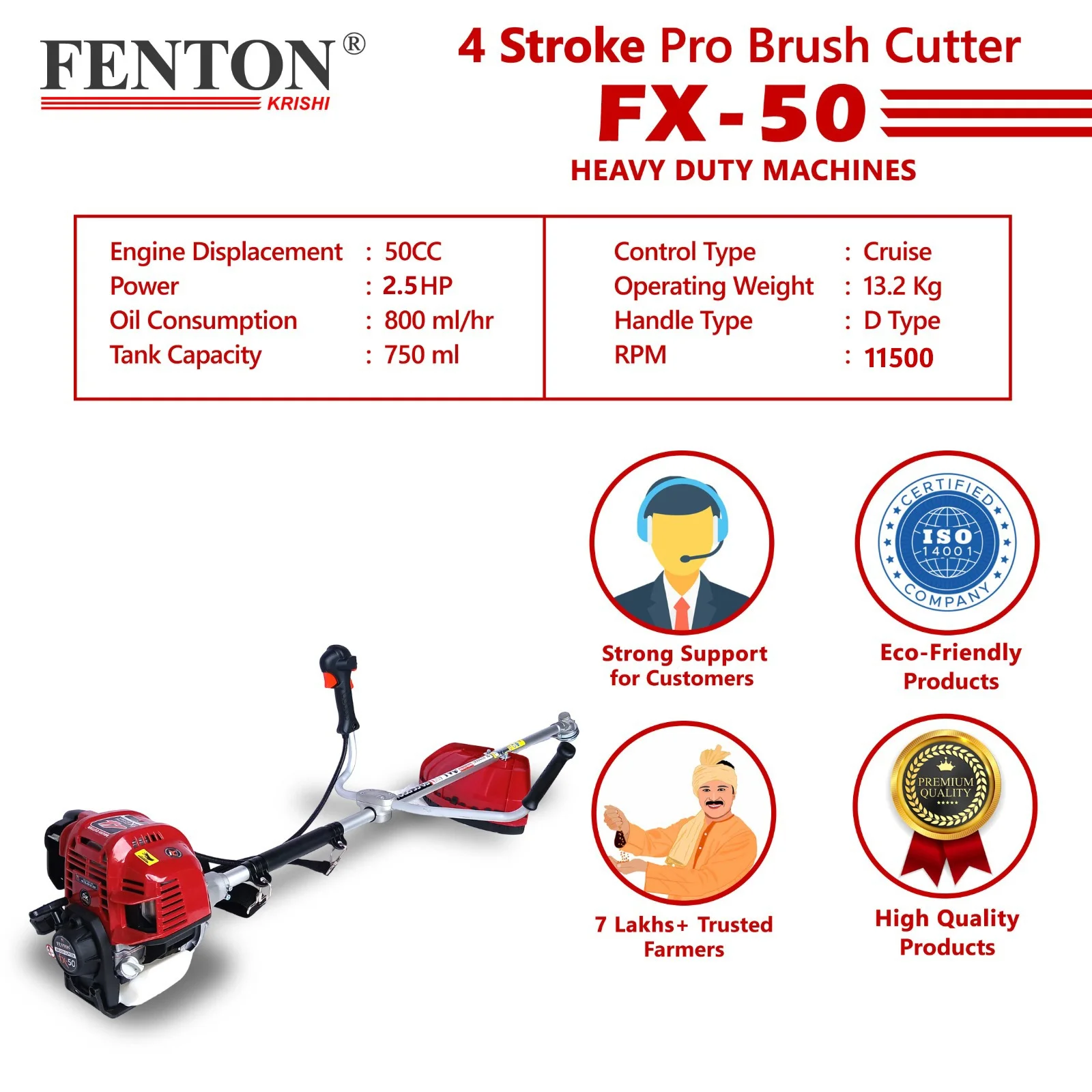 Fenton Krishi 50CC PRO 2.5HP SP 4 Stroke PRO Brush Cutter 80T | 3T | Tap n Go With Tiller Fuel Grass Trimmer – thumb