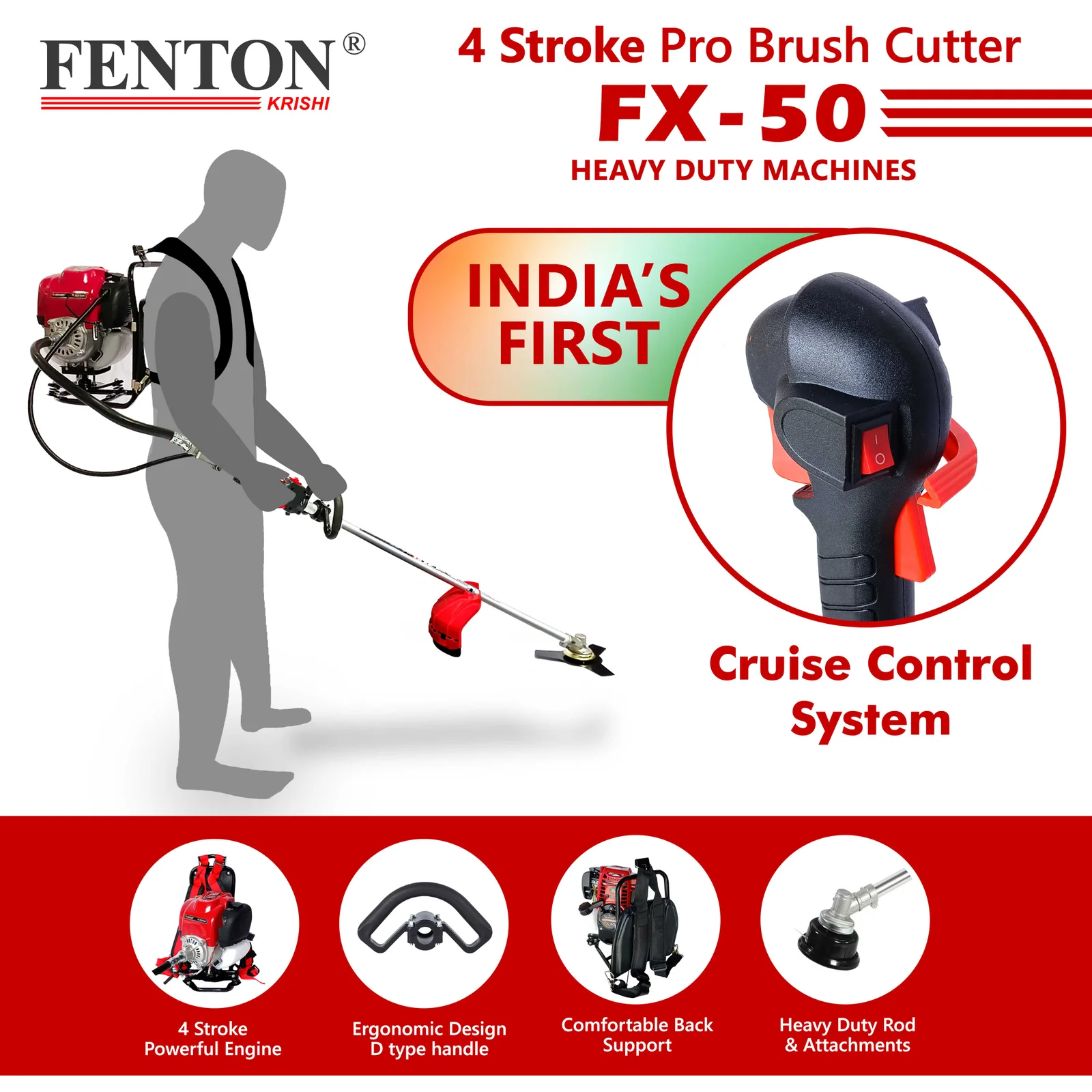 Fenton Krishi FX-50 Pro Brush Cutter – 4-Stroke Multi-Attachment Farm Trimmer