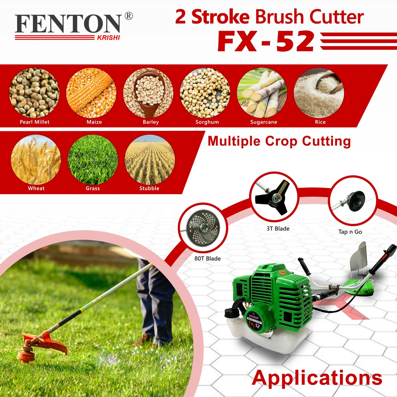 Fenton Krishi 52CC SP Brush Cutter with 80T, 3T & Tap-n-Go Trimmer Head – thumb