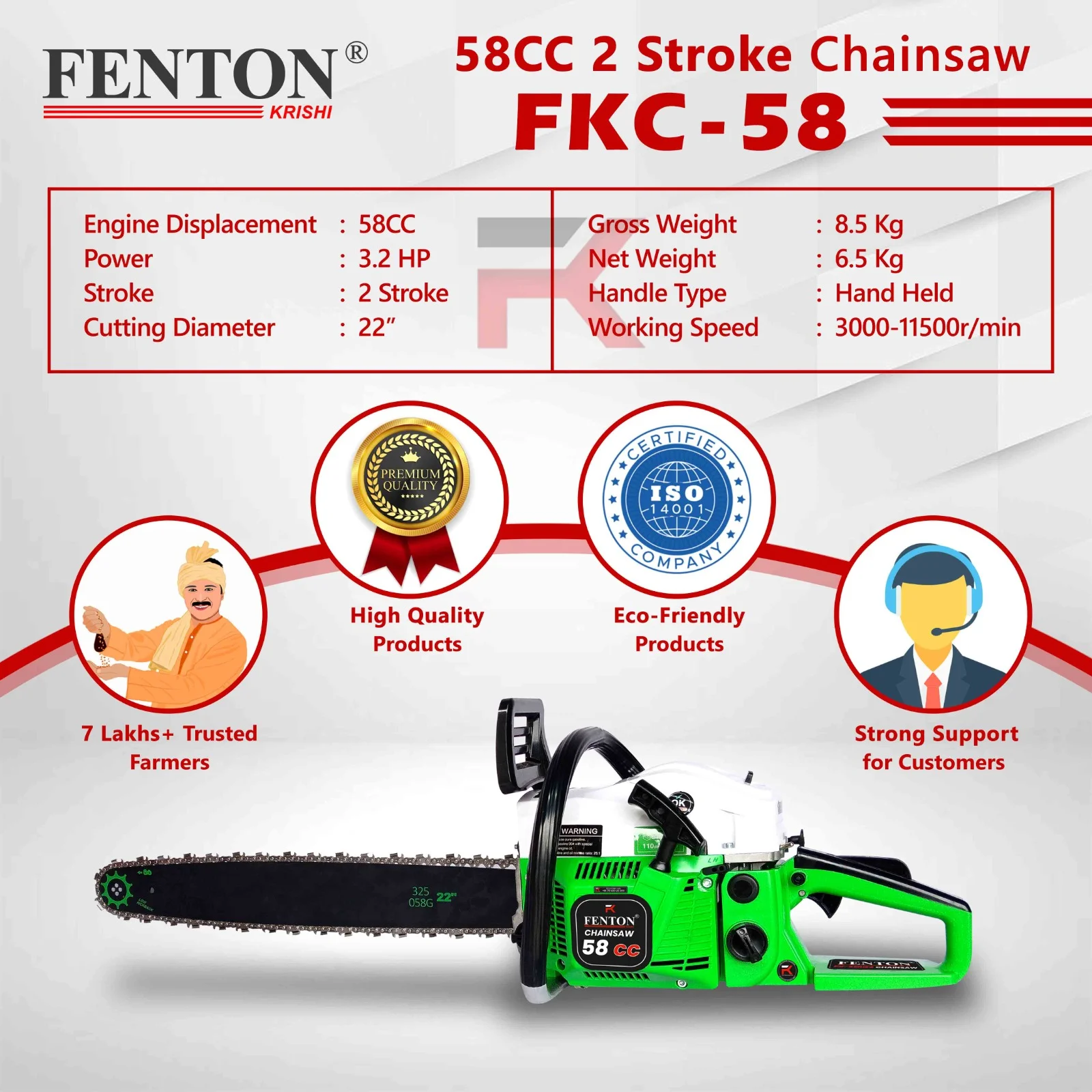 Fenton Krishi 58CC Heavy-Duty Chainsaw with 22" Guide Bar – thumb