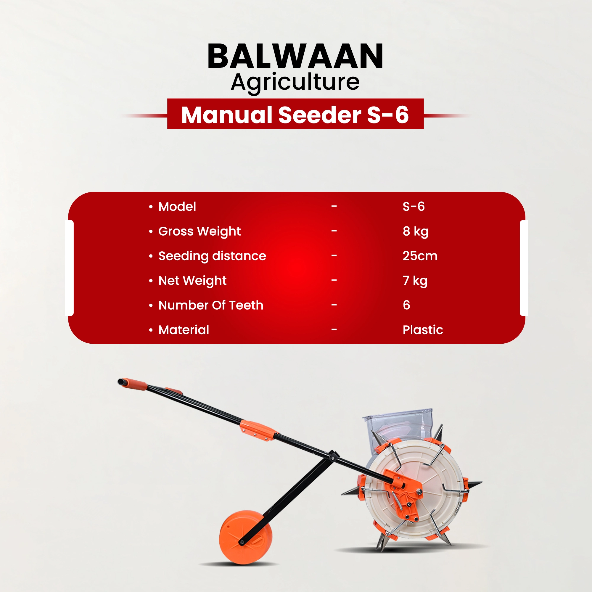 Balwaan S-6 Manual Seeder – 6 Teeth Hand Operated Seed Planter – thumb